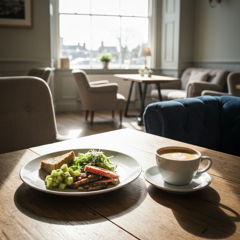 Relaxed café scene with simple healthy lunch plate on wooden table, cup of coffee, natural daylight from window